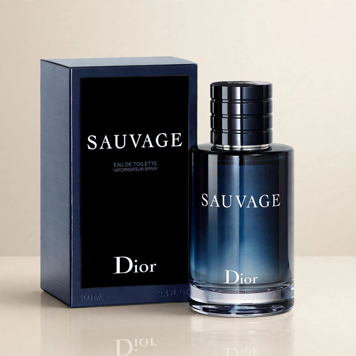 Dior Sauvage Eau de Toilette bottle and box in cream studio