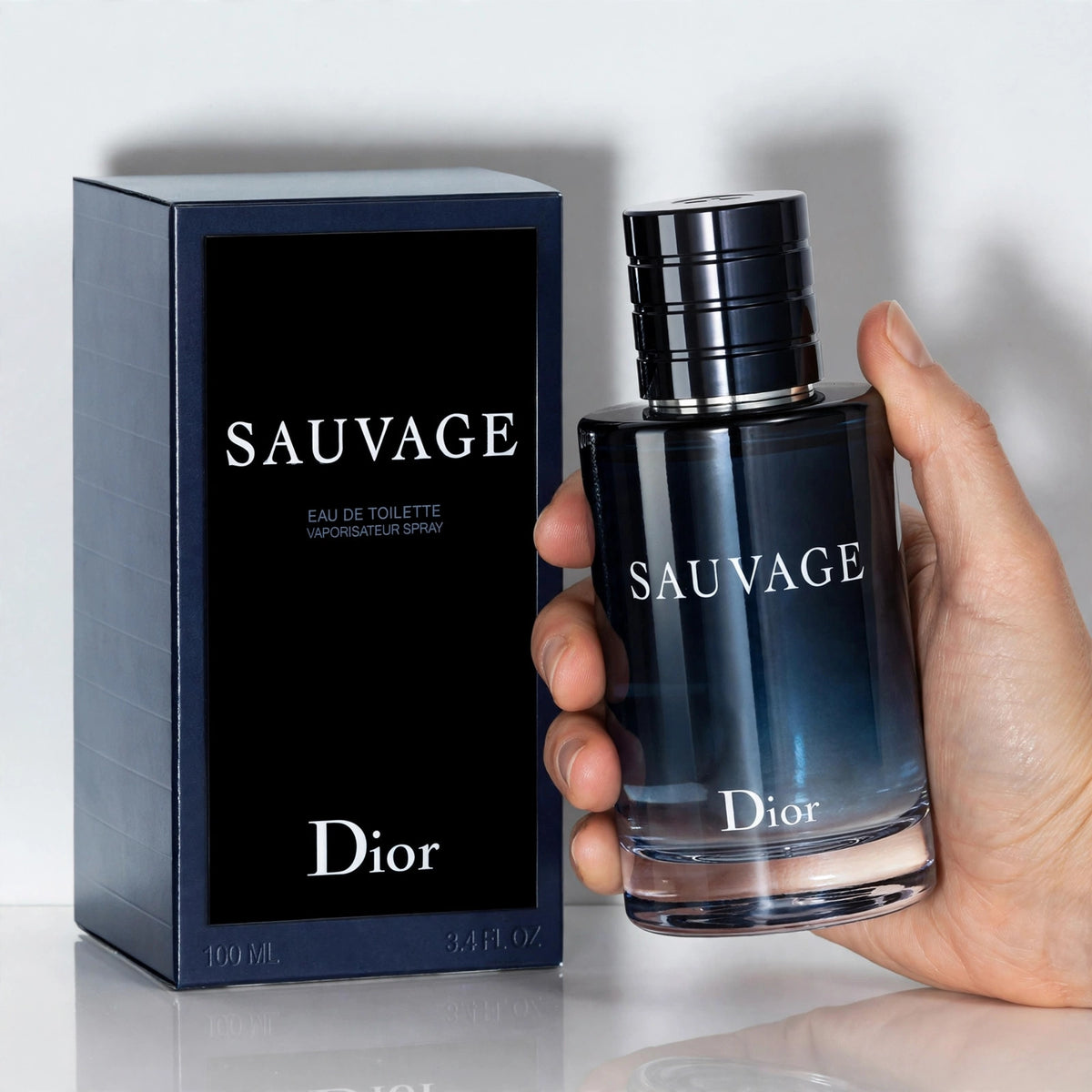 Dior Sauvage Eau de Toilette bottle held in hand