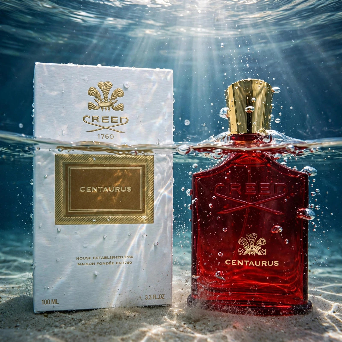 Creed Centaurus Eau de Parfum 100ml / 3.4oz for Unisex — bottle and box underwater