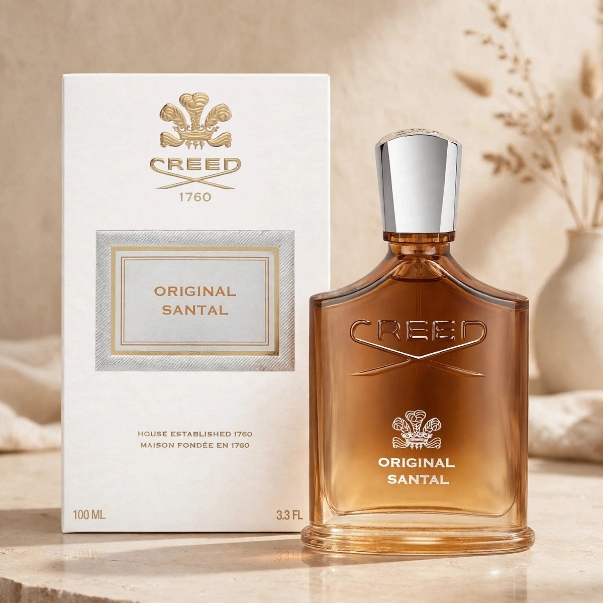 Creed Original Santal Eau de Parfum 100ml / 3.4oz for Men — bottle and box in warm beige studio