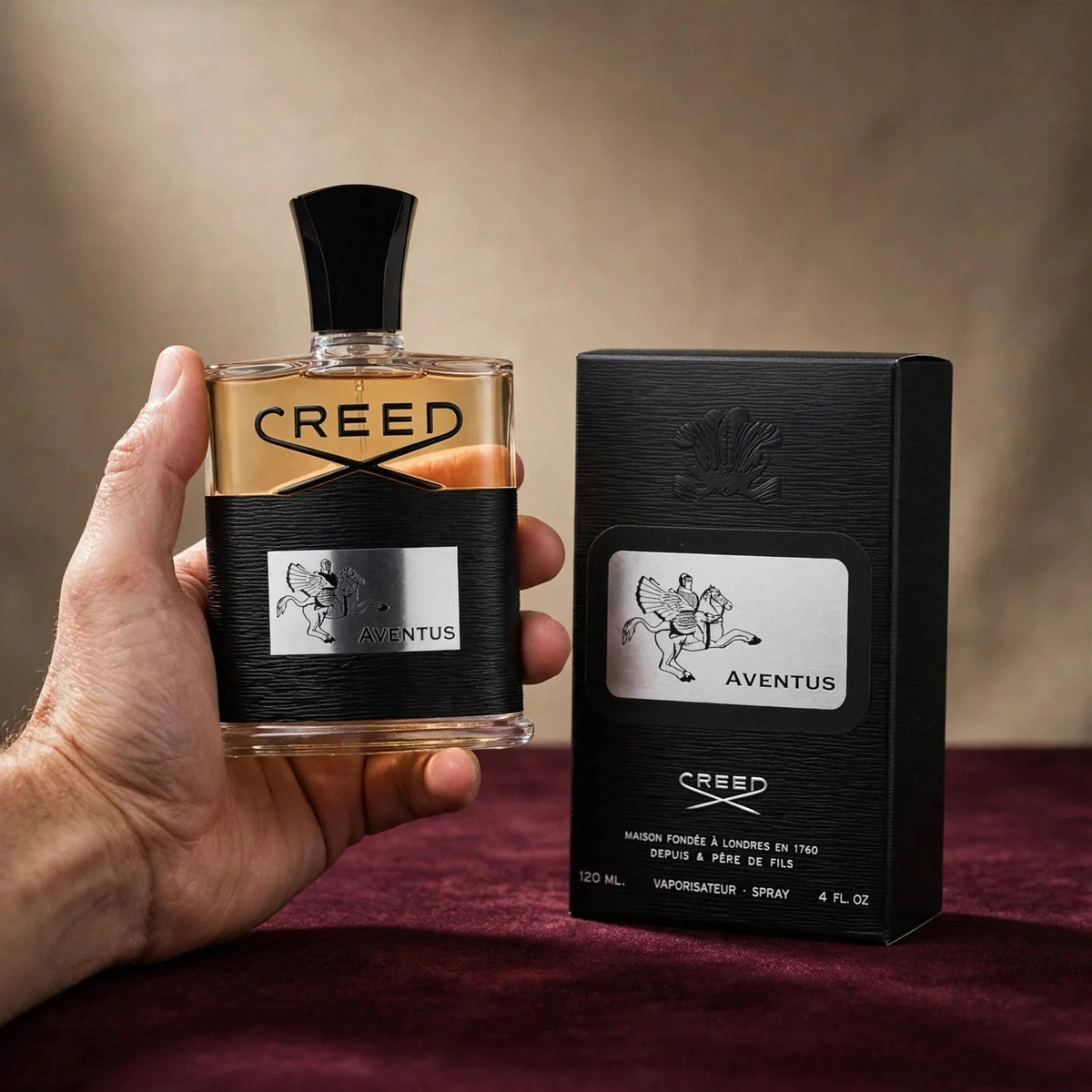 Creed Aventus Eau de Parfum 120ml / 4.0oz for Men — bottle and box held in hand