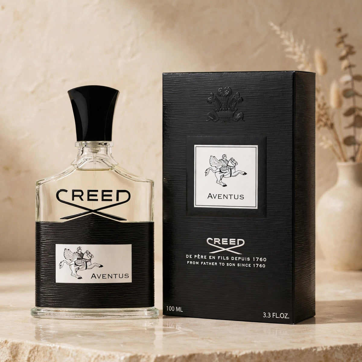 Creed Aventus Eau de Parfum 100ml / 3.3oz for Men — bottle and box in warm beige studio