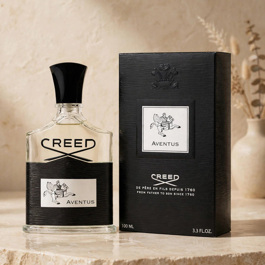 Creed Aventus Eau de Parfum 100ml / 3.3oz for Men — bottle and box in warm beige studio