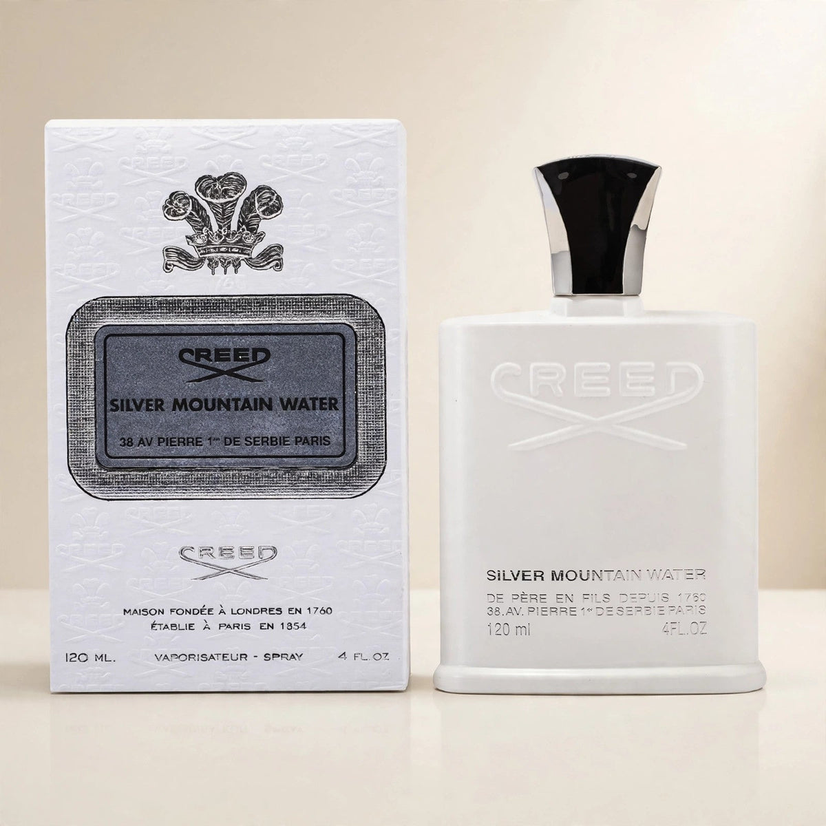 Creed Silver Mountain Water Eau de Parfum 120ml / 4.0oz for Men — bottle and box in cream studio