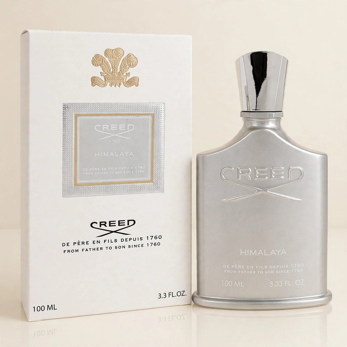 Creed Himalaya Eau de Parfum 100ml / 3.3oz for Men — bottle and box in cream studio