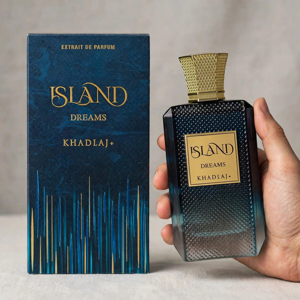 Khadlaj Island Dreams Extrait de Parfum 100ml / 3.4oz for Unisex - hand studio shot