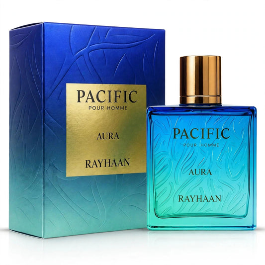 Rayhaan Pacific Aura Eau de Parfum 100ml / 3.4oz for Men — bottle and box on white background