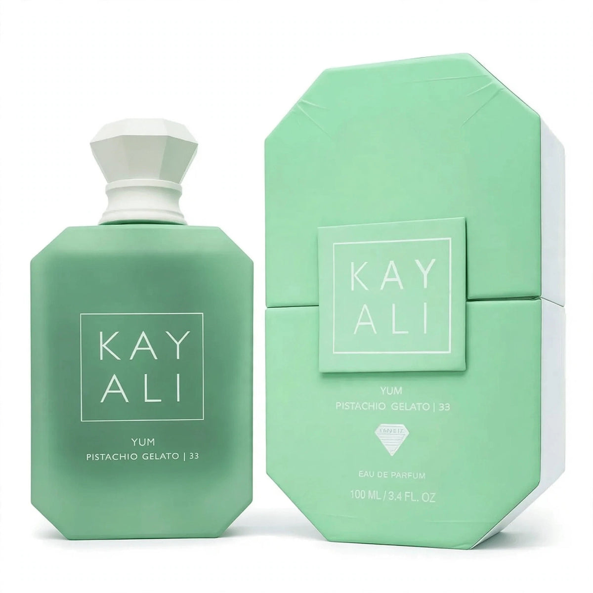 Kayali Yum Pistachio Gelato 33 Eau de Parfum 100ml / 3.4oz for Women — bottle and box on white background