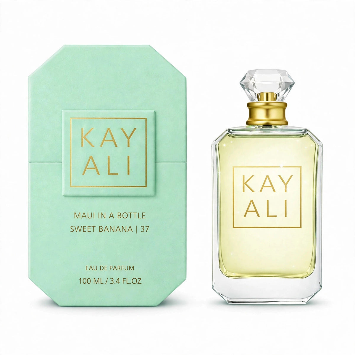 Kayali Maui In A Bottle Sweet Banana 37 Eau de Parfum 100ml / 3.4oz for Women — bottle and box on white background