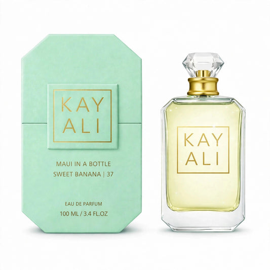 Kayali Maui In A Bottle Sweet Banana 37 Eau de Parfum 100ml / 3.4oz for Women — bottle and box on white background