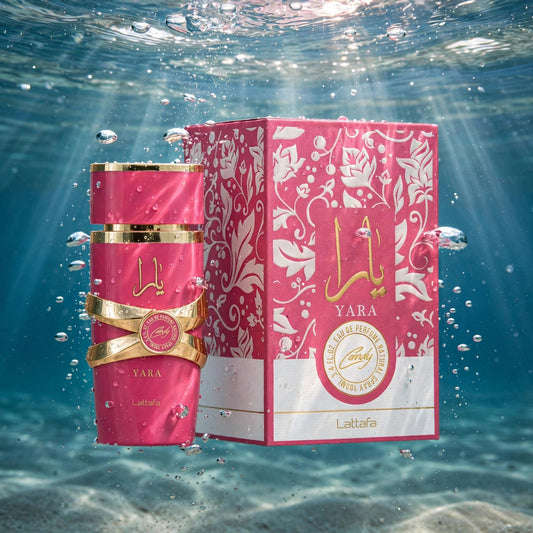 Lattafa Yara Candy Eau de Parfum bottle in water setting