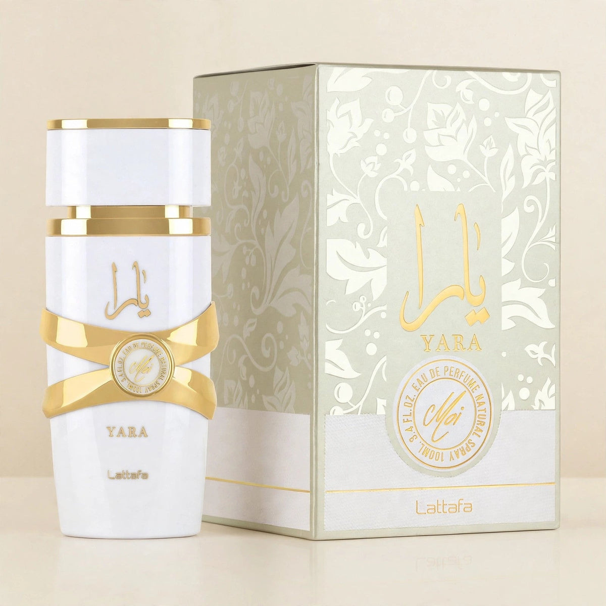 Lattafa Yara Moi Eau de Parfum bottle in cream setting