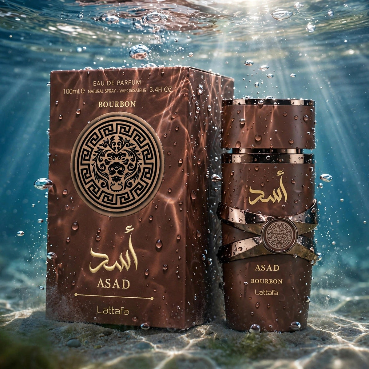 Lattafa Asad Bourbon bottle in water setting