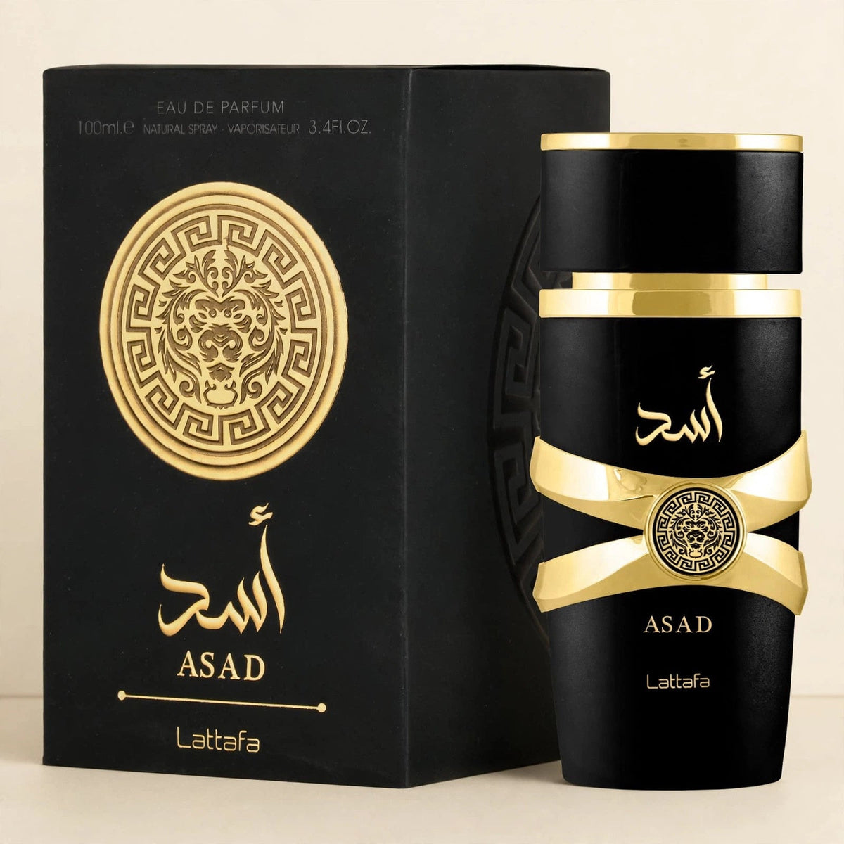 Lattafa Asad bottle in cream setting
