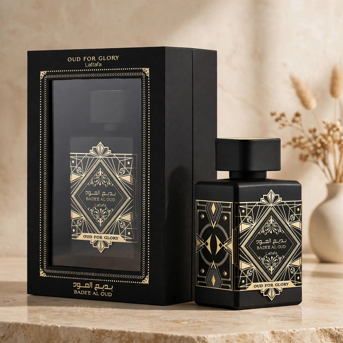 Lattafa Bade'e Al Oud for Glory Eau de Parfum 100ml / 3.4oz for Unisex — Warm beige studio set