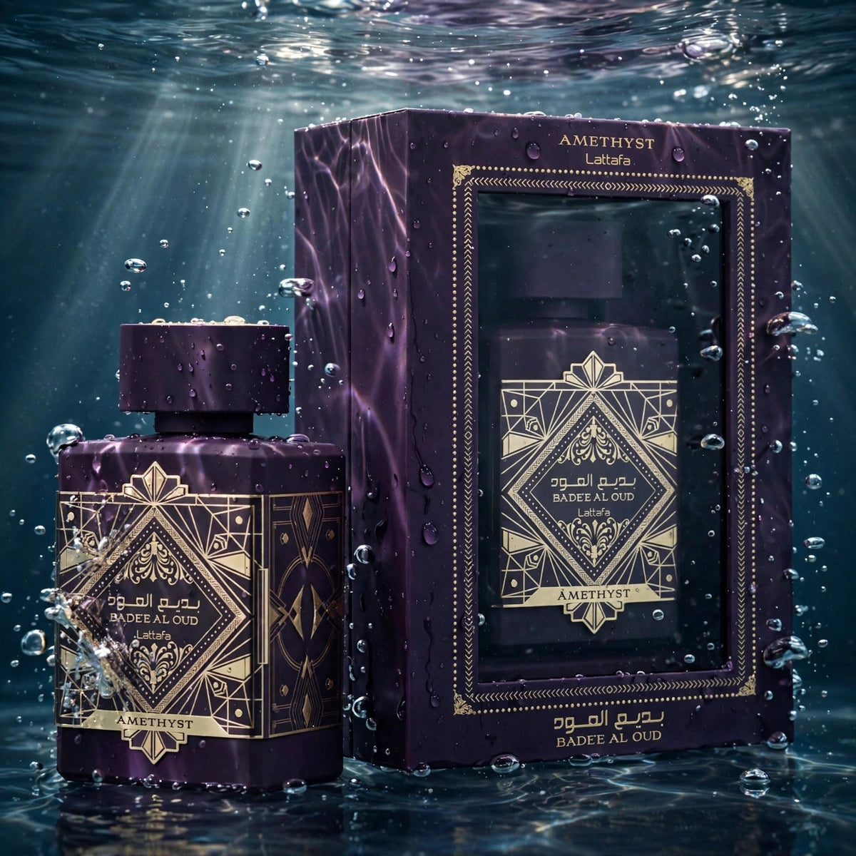 Lattafa Bade'e Al Oud Amethyst Eau de Parfum 100ml / 3.4oz for Women — Submerged in water