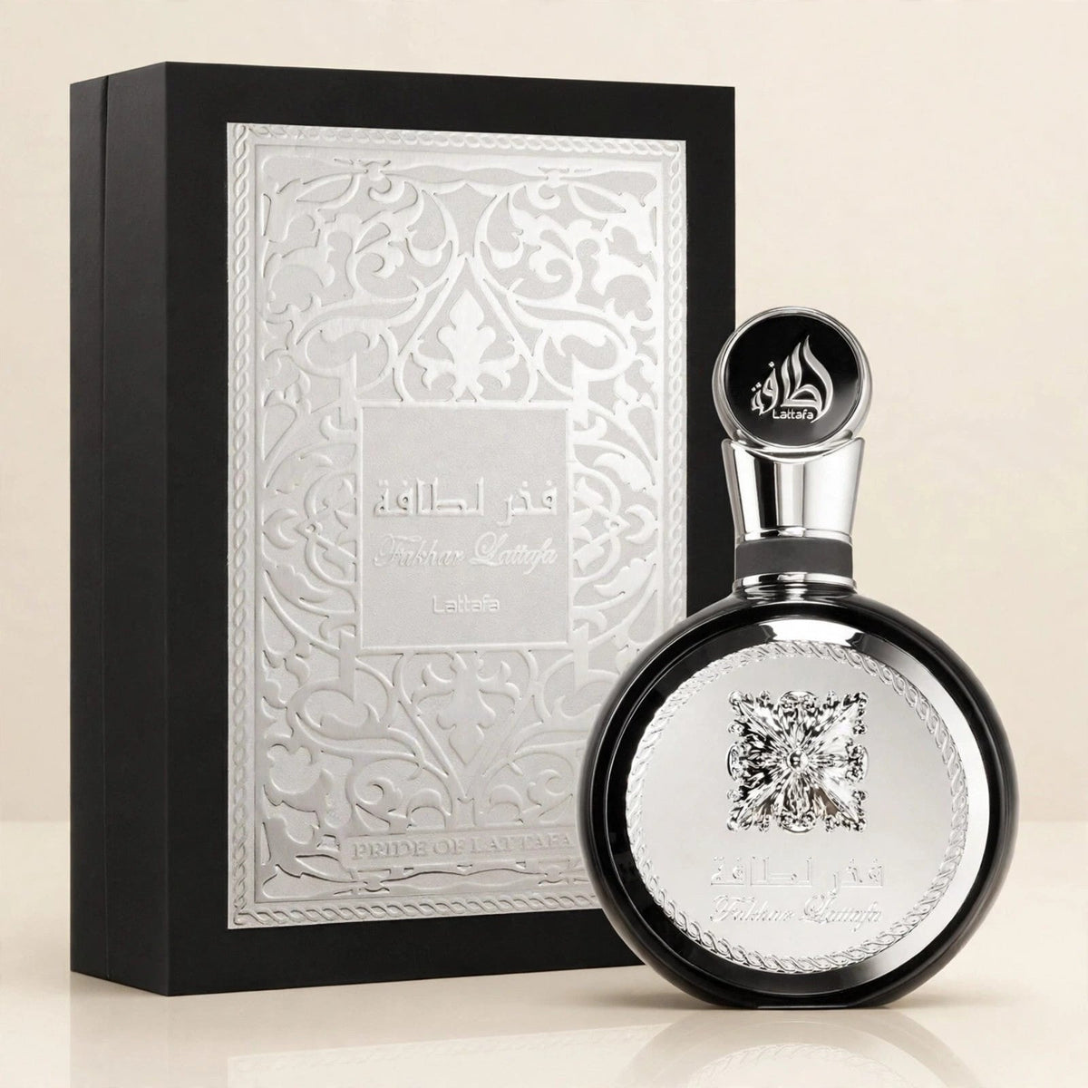 Lattafa Fakhar Pride Silver EDP 100ml / 3.4oz for Men — cream studio shot
