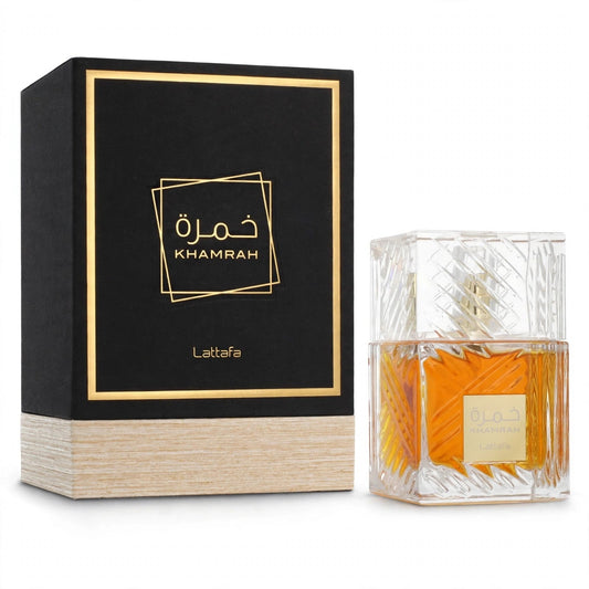 Lattafa Khamrah EDP 100ml / 3.4oz for Unisex — bottle and box on white background
