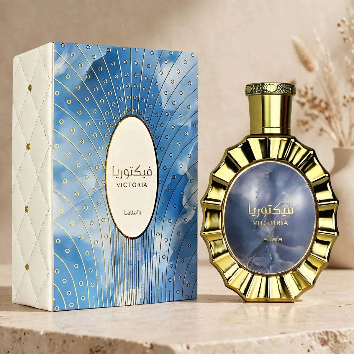 Lattafa Victoria EDP 100ml / 3.4oz for Unisex — warm beige studio shot