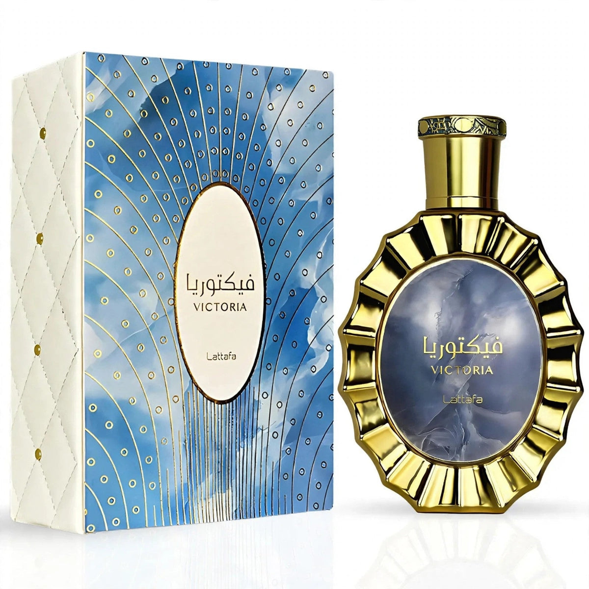 Lattafa Victoria EDP 100ml / 3.4oz for Unisex — bottle and box on white background