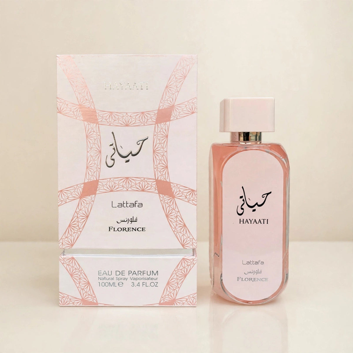 Lattafa Hayaati Florence EDP 100ml / 3.4oz for Women — cream studio shot