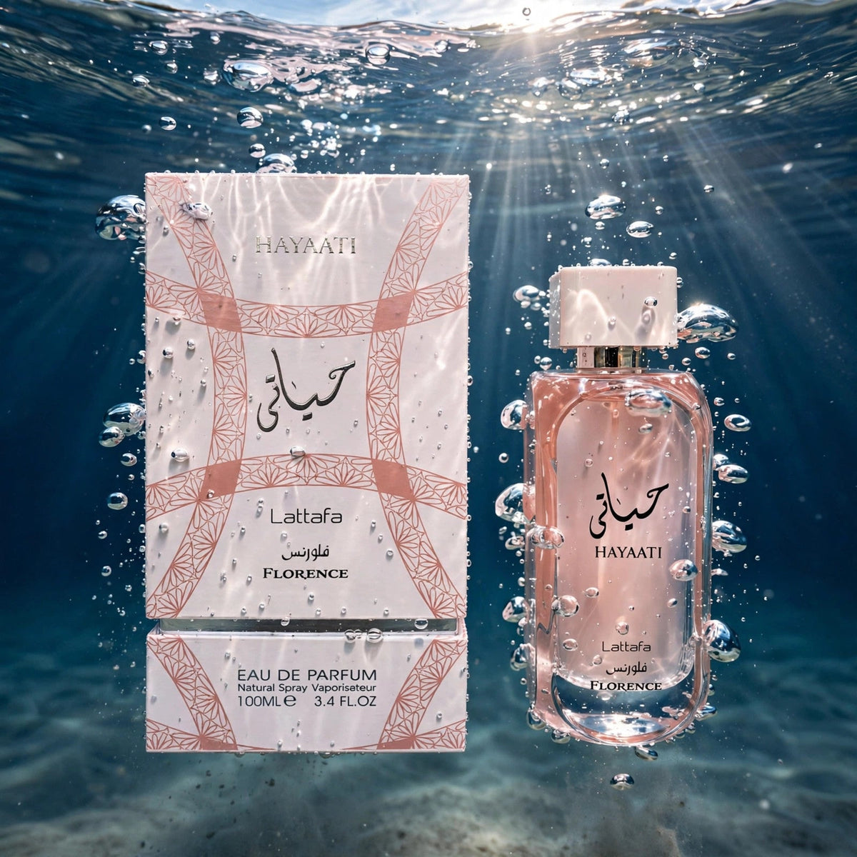 Lattafa Hayaati Florence EDP 100ml / 3.4oz for Women — water shot