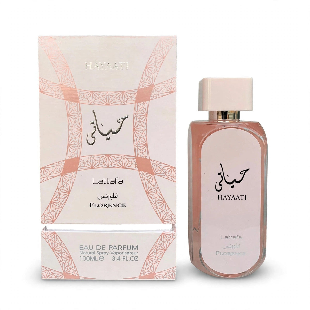 Lattafa Hayaati Florence EDP 100ml / 3.4oz for Women — bottle and box on white background