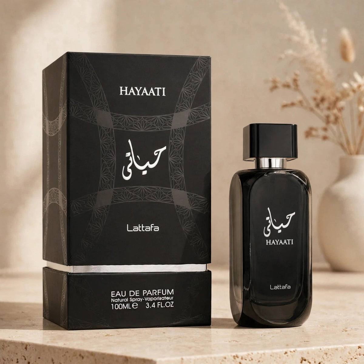 Lattafa Hayaati EDP 100ml / 3.4oz for Unisex — warm beige studio shot