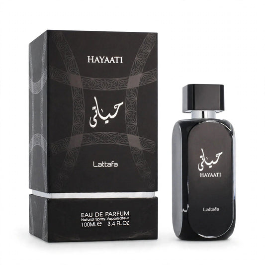 Lattafa Hayaati EDP 100ml / 3.4oz for Unisex — bottle and box on white background