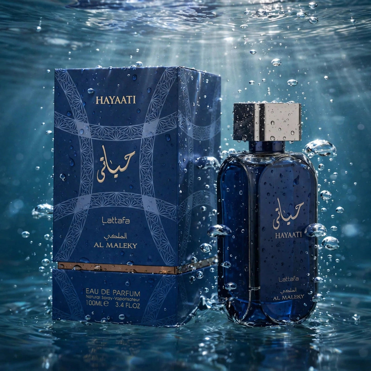 Lattafa Hayaati Al Maleky EDP 100ml / 3.4oz for Unisex — water shot