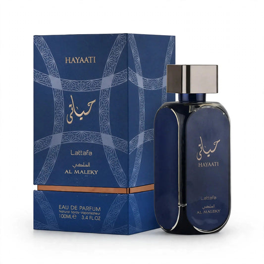 Lattafa Hayaati Al Maleky EDP 100ml / 3.4oz for Unisex — bottle and box on white background