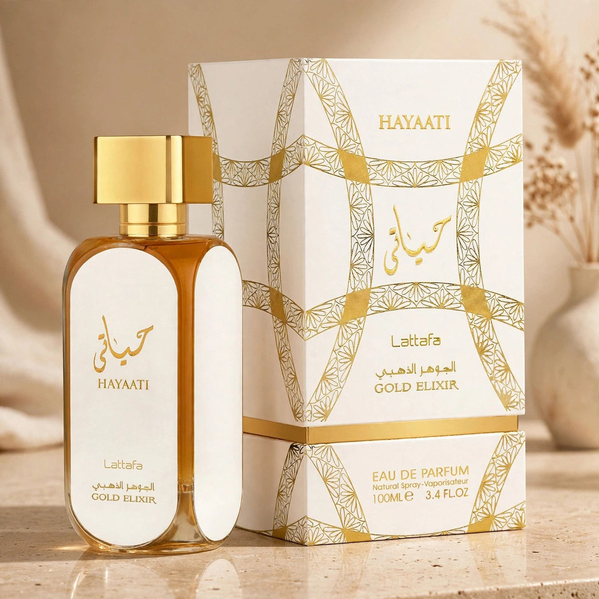 Lattafa Hayaati Gold Elixir EDP 100ml / 3.4oz for Unisex — warm beige studio shot