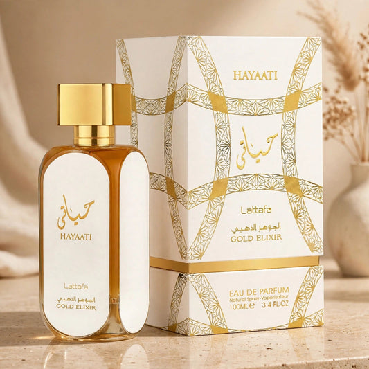 Lattafa Hayaati Gold Elixir EDP 100ml / 3.4oz for Unisex — warm beige studio shot