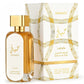 Lattafa Hayaati Gold Elixir EDP 100ml / 3.4oz for Unisex — bottle and box on white background