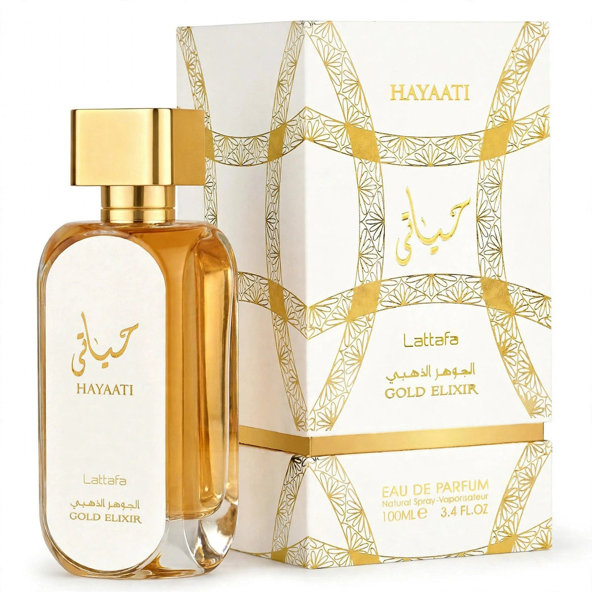 Lattafa Hayaati Gold Elixir EDP 100ml / 3.4oz for Unisex — bottle and box on white background