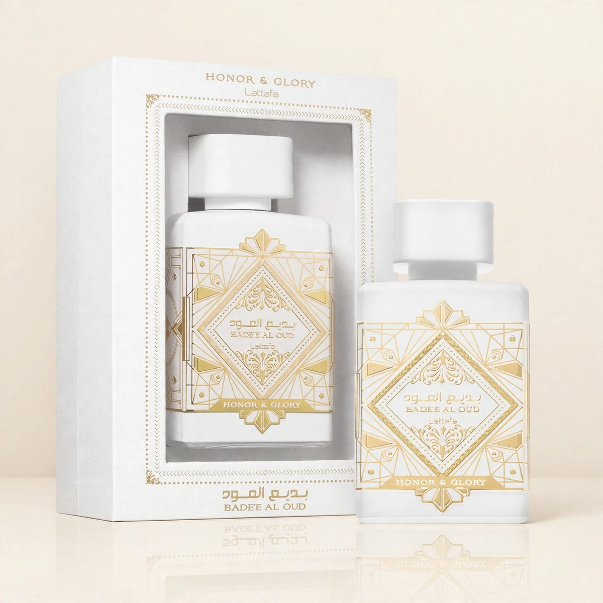 Lattafa Bade'e Al Oud Honor & Glory Eau de Parfum bottle in cream setting