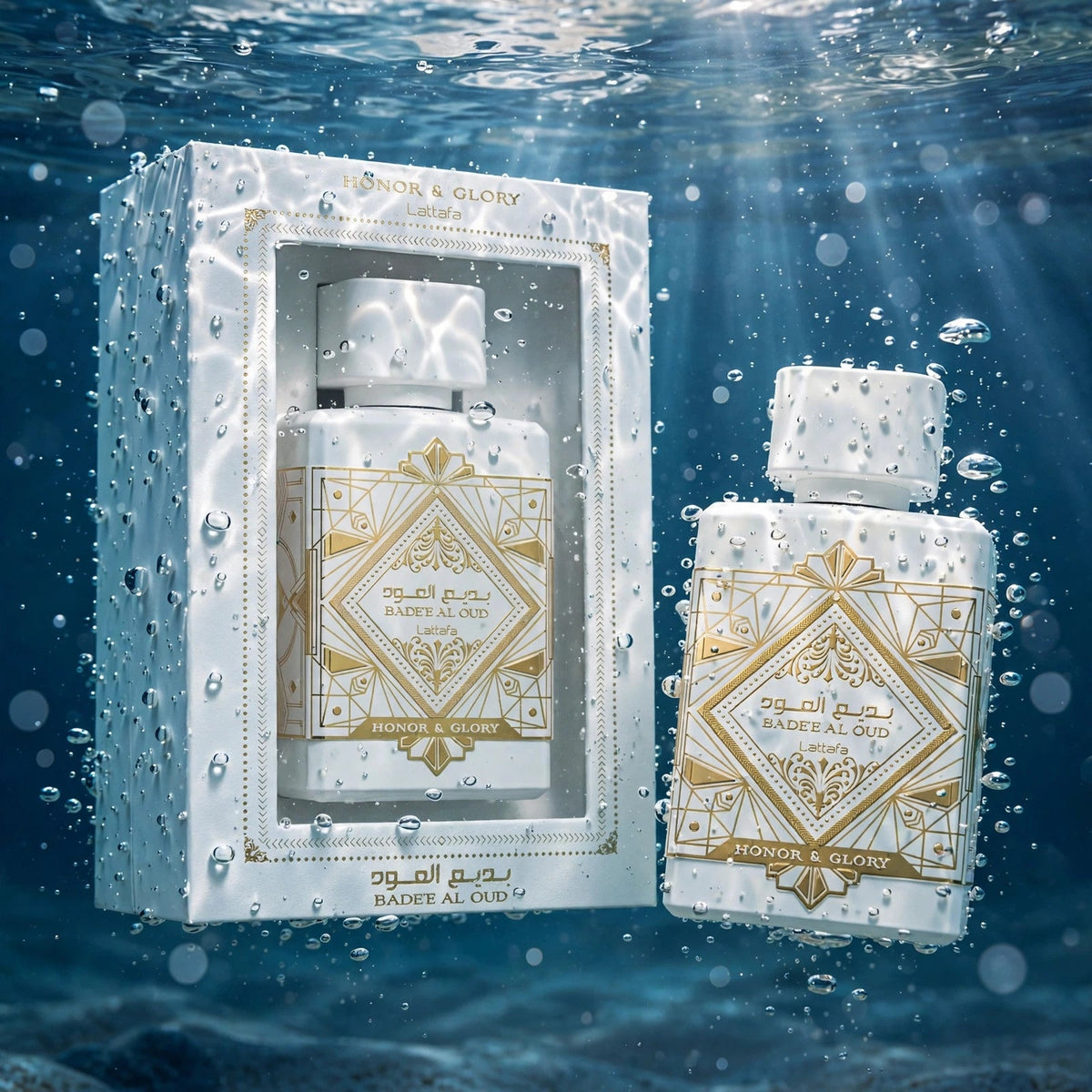 Lattafa Bade'e Al Oud Honor & Glory Eau de Parfum bottle in water setting