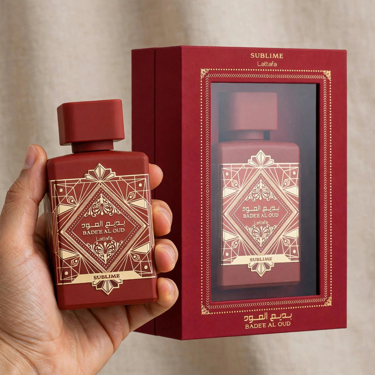 Lattafa Bade'e Al Oud Sublime Eau de Parfum bottle in hand setting