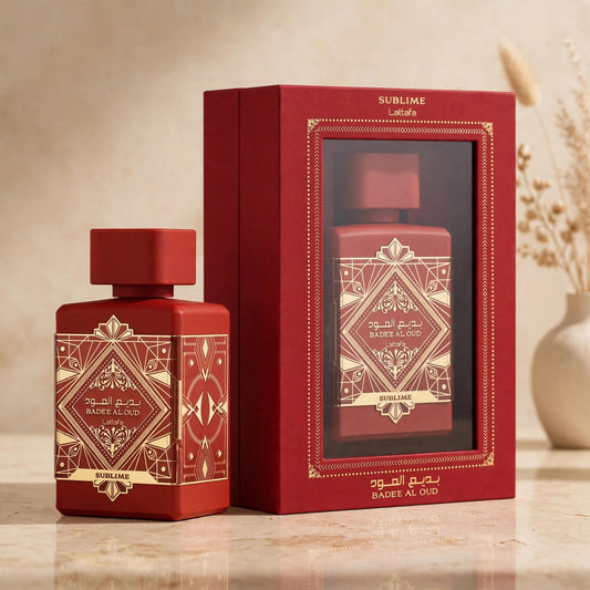 Lattafa Bade'e Al Oud Sublime Eau de Parfum bottle in warm setting