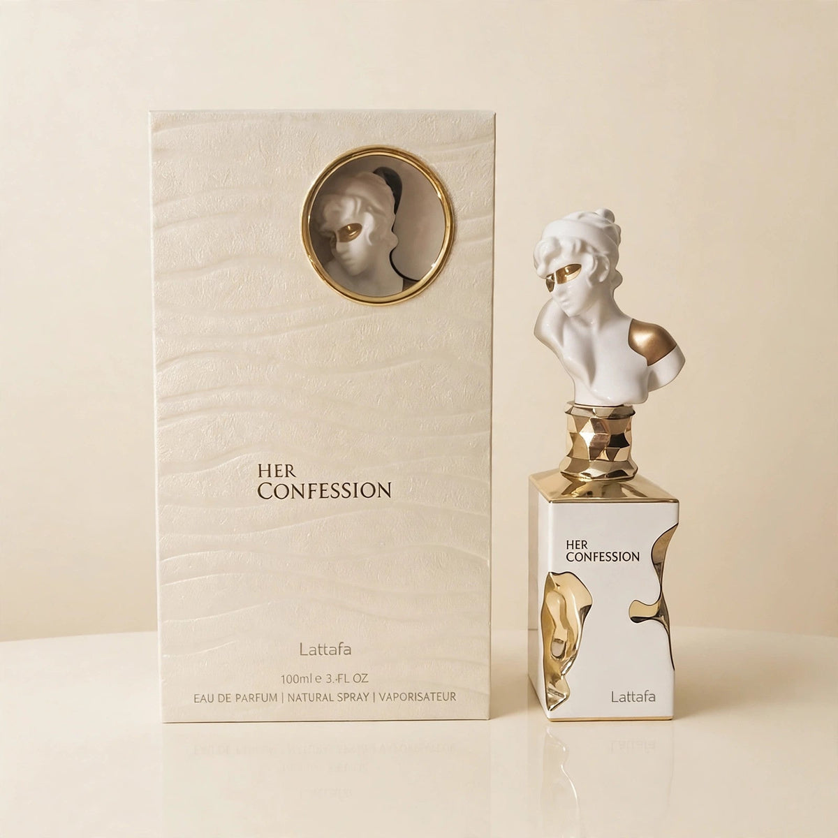 Lattafa Her Confession Eau de Parfum bottle in cream setting