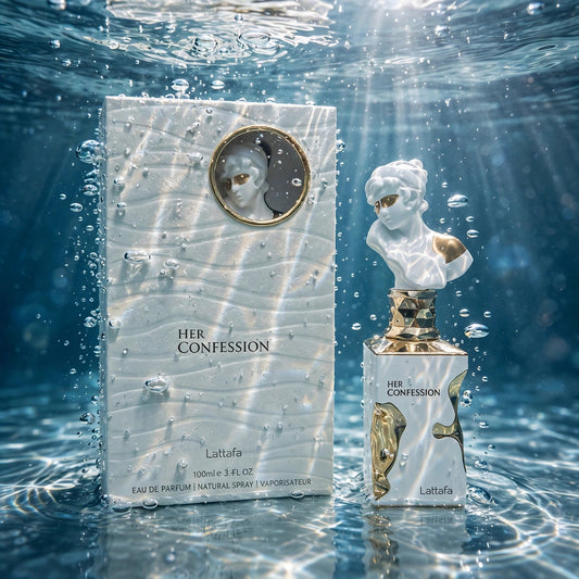 Lattafa Her Confession Eau de Parfum bottle in water setting