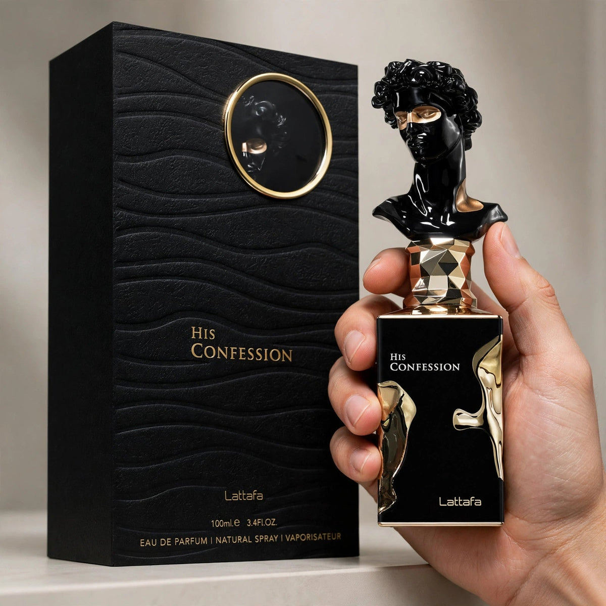 Lattafa His Confession Eau de Parfum bottle in hand setting