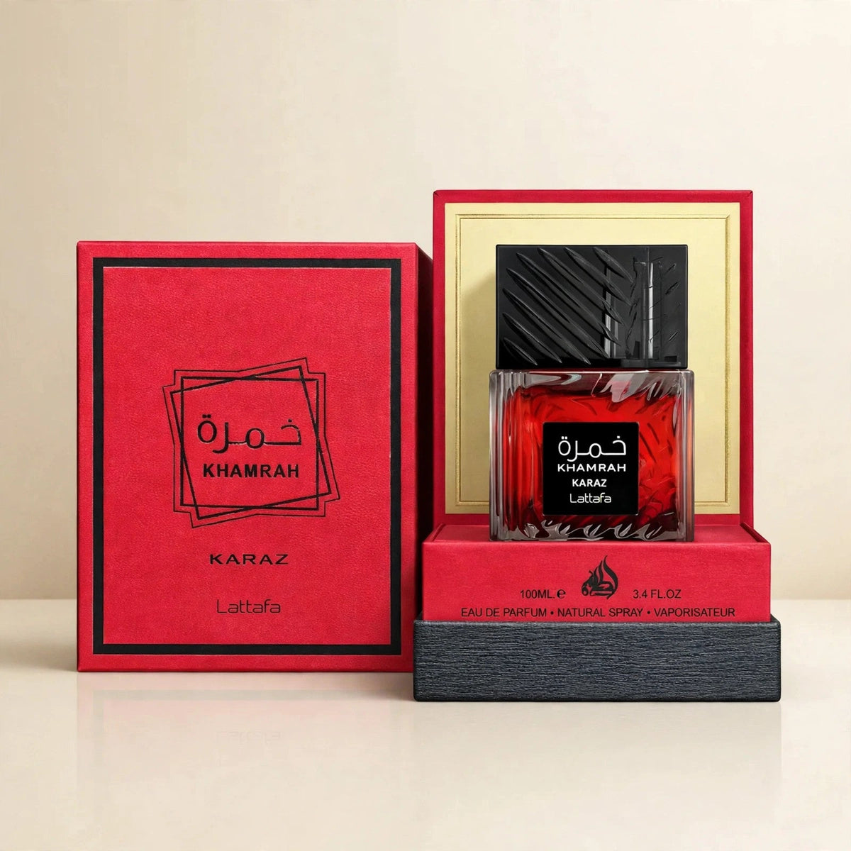 Lattafa Khamrah Karaz Eau de Parfum bottle in cream setting