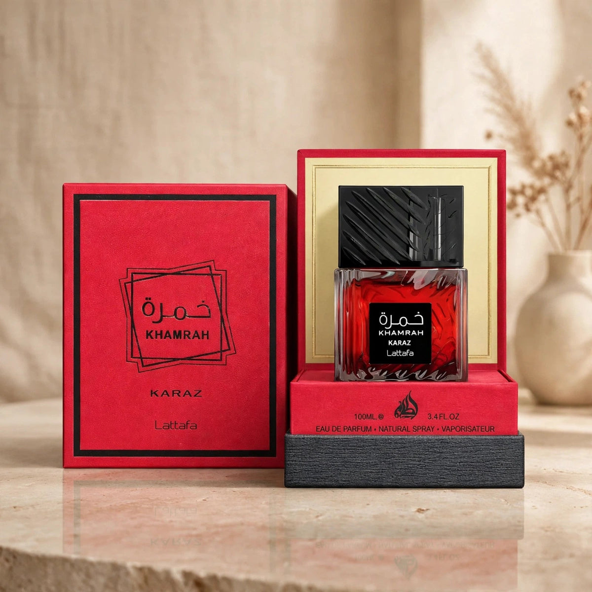 Lattafa Khamrah Karaz Eau de Parfum bottle in warm setting