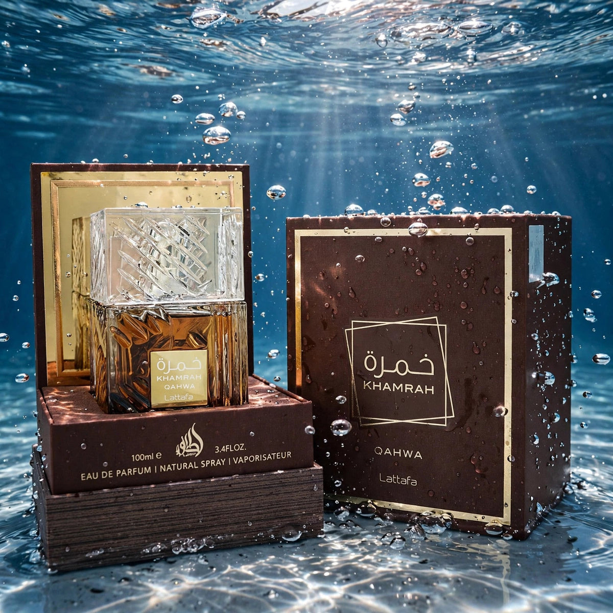 Lattafa Khamrah Qahwa Eau de Parfum bottle in water setting
