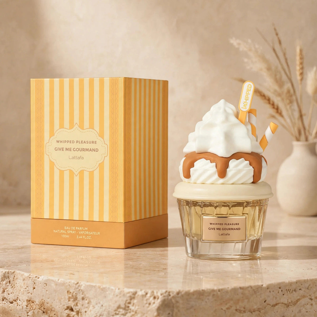 Lattafa Whipped Pleasure Give Me Gourmand Eau de Parfum 75ml for Unisex bottle and box warm beige studio