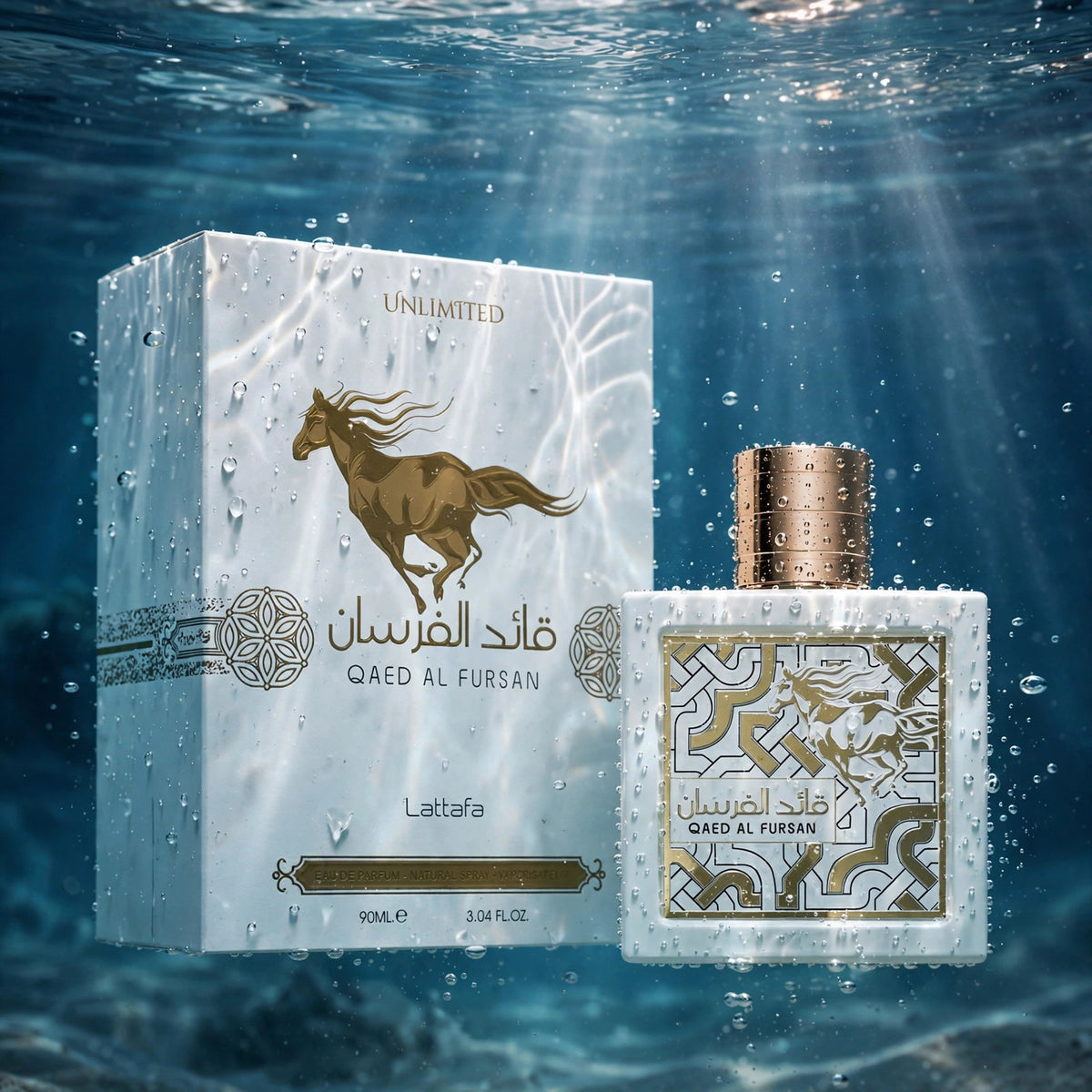 Lattafa Qaed Al Fursan Unlimited Eau de Parfum 90ml for Unisex bottle and box in water