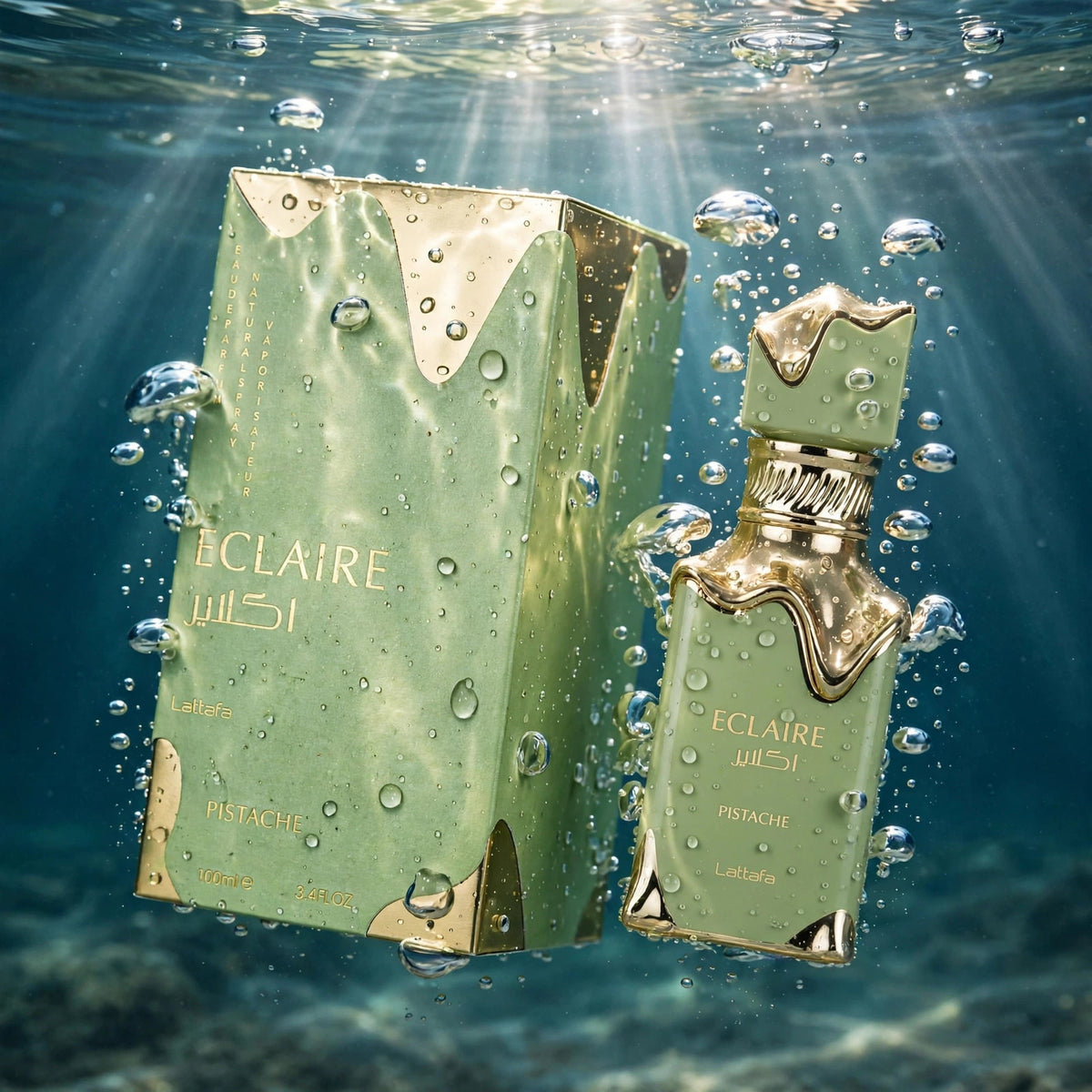 Lattafa Eclaire Pistache Eau de Parfum 100ml for Unisex bottle and box in water