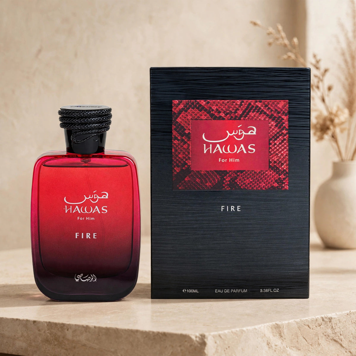Rasasi Hawas Fire Eau de Parfum 100ml for Men bottle and box warm beige studio