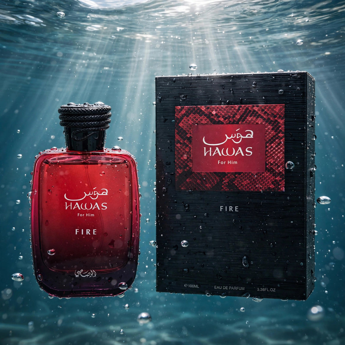 Rasasi Hawas Fire Eau de Parfum 100ml for Men bottle and box in water